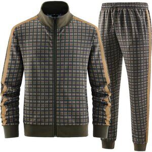 Plaid Track Suit 2-Piece Mens Stand Collar Long Sleeve